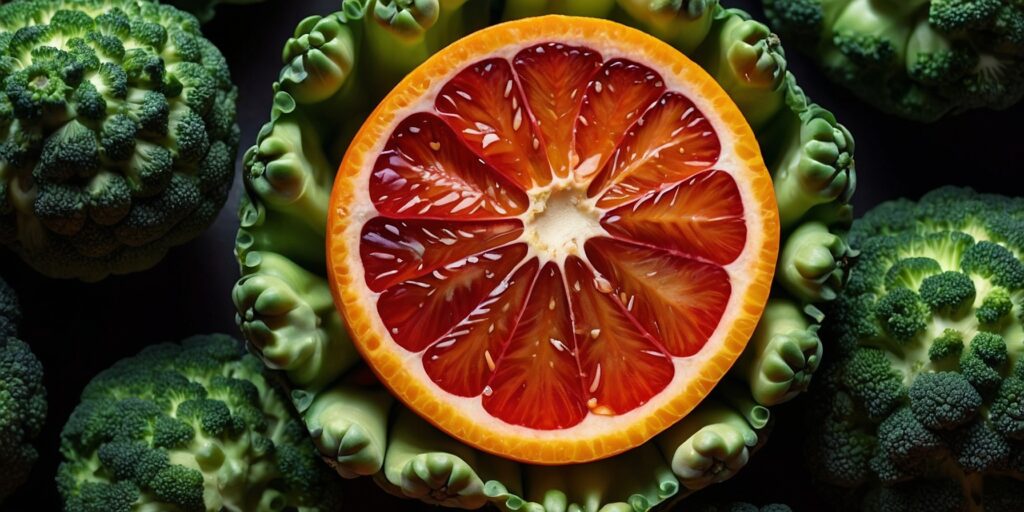 Une image colorée d'un bol rempli d'oranges, de poivrons rouges et verts, de brocoli et de fraises.