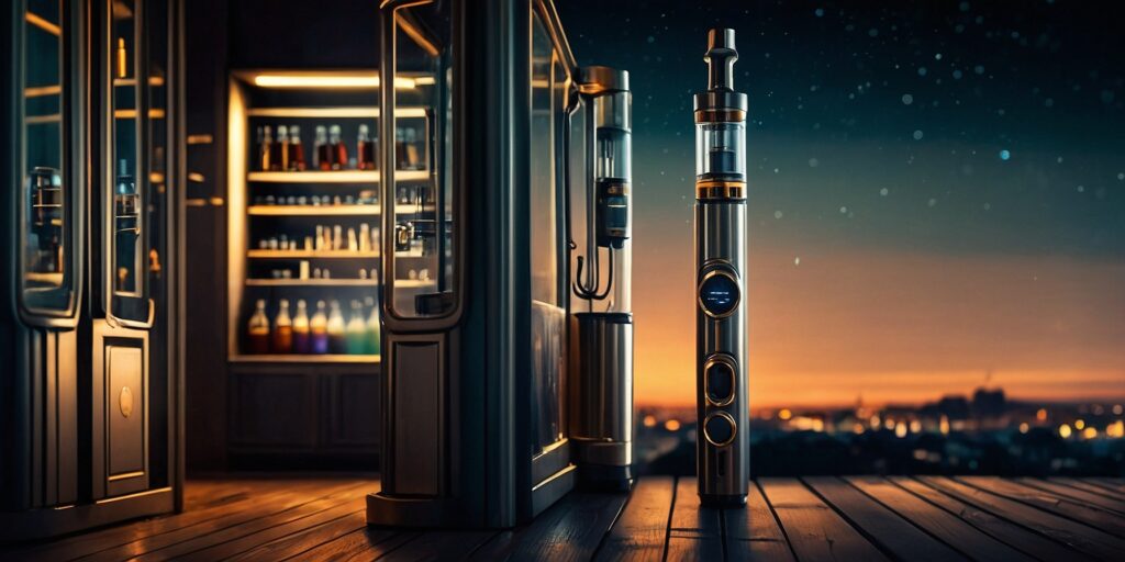 Une photo d'une personne vapotant avec un e-liquide dessert, avec une expression de plaisir et de satisfaction, mettant en avant l'expérience sensorielle du vapotage.